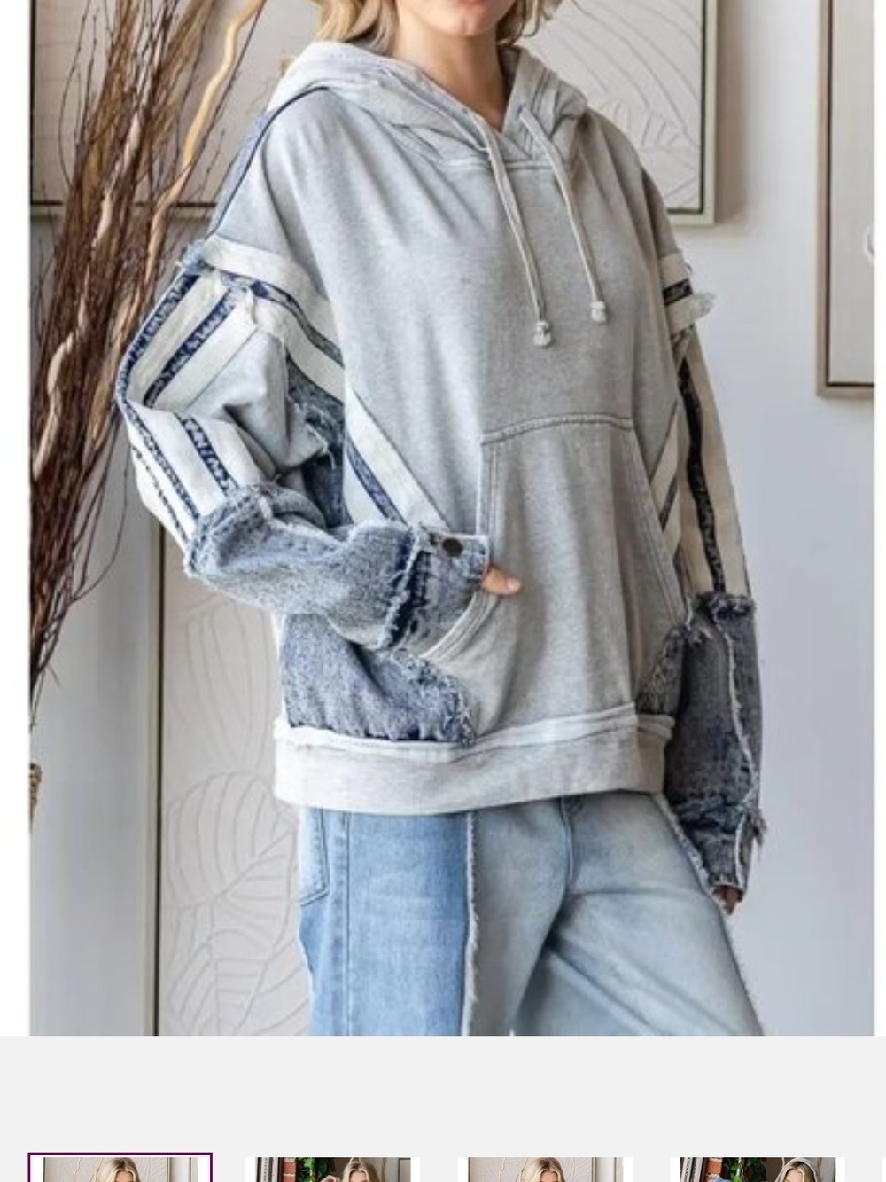 Oli & Hali Light Gray Hooded Sweatshirt with Distressed Denim Trim